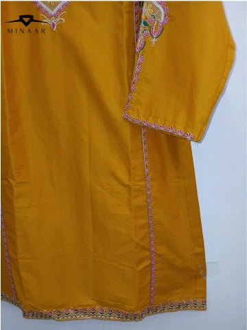 Mustard cotton lawn shirt with pink tila embroidery and printed dupatta