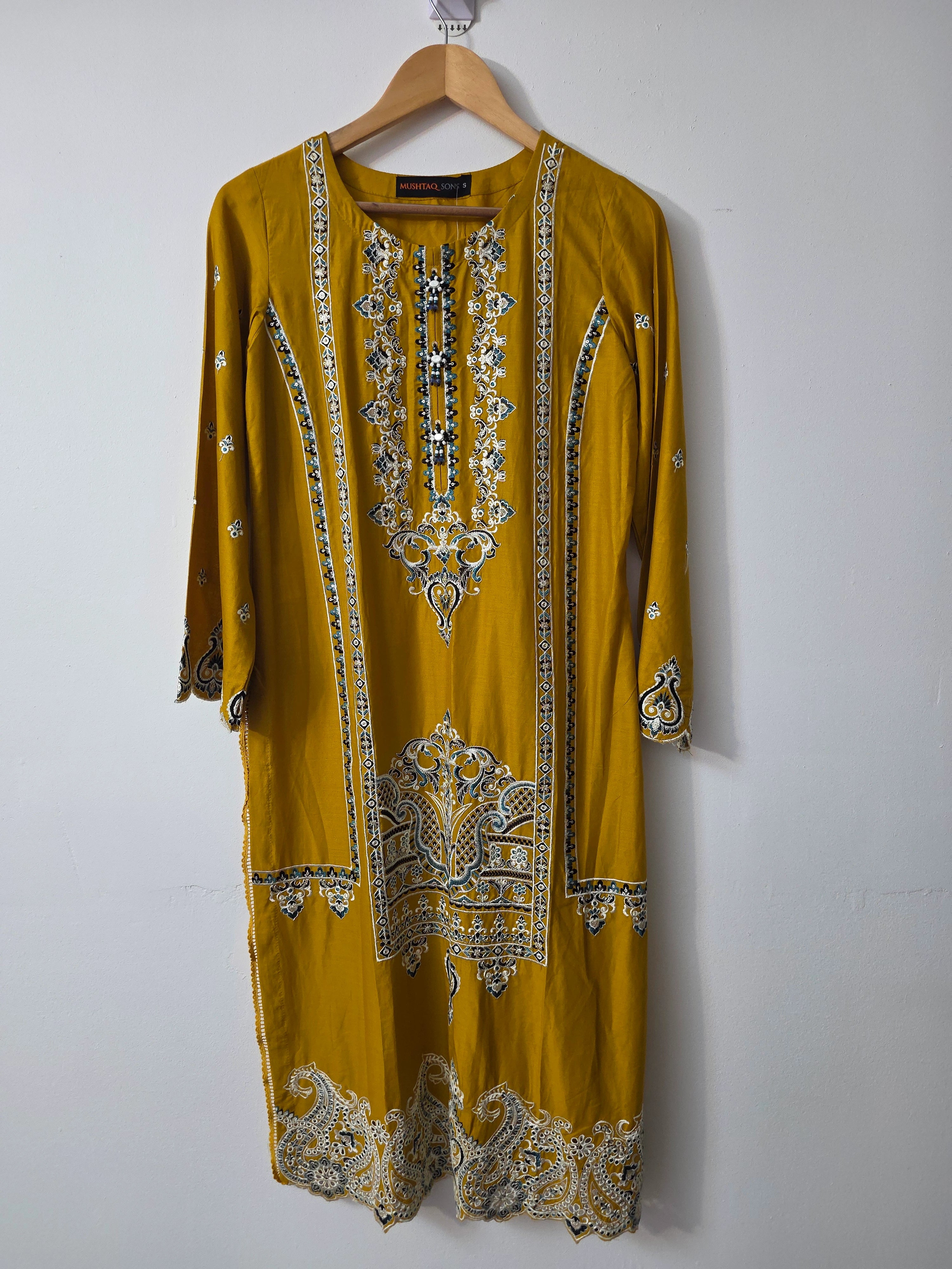 Mustard embroidered Pakistani suit with printed Khaddi Net dupatta