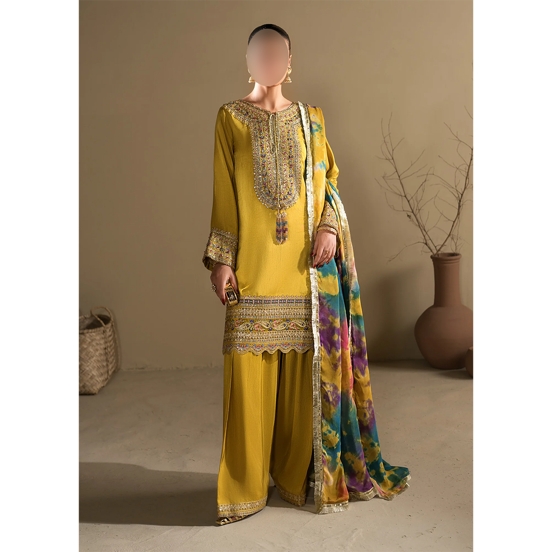 Mustard embroidered short kurta with Farshi Shalwar