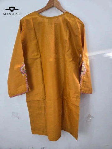 Mustard cotton lawn shirt with pink tila embroidery and printed dupatta