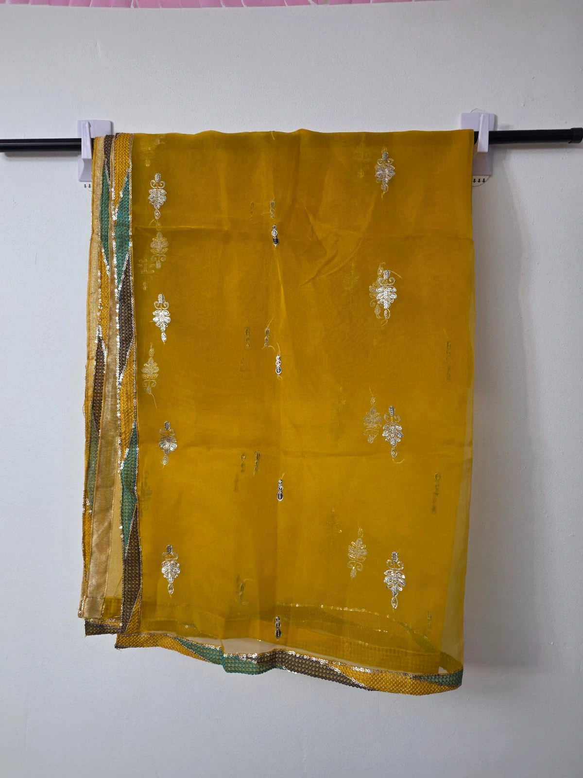 Mustard organza short frock with embroidered sharara and sitara work