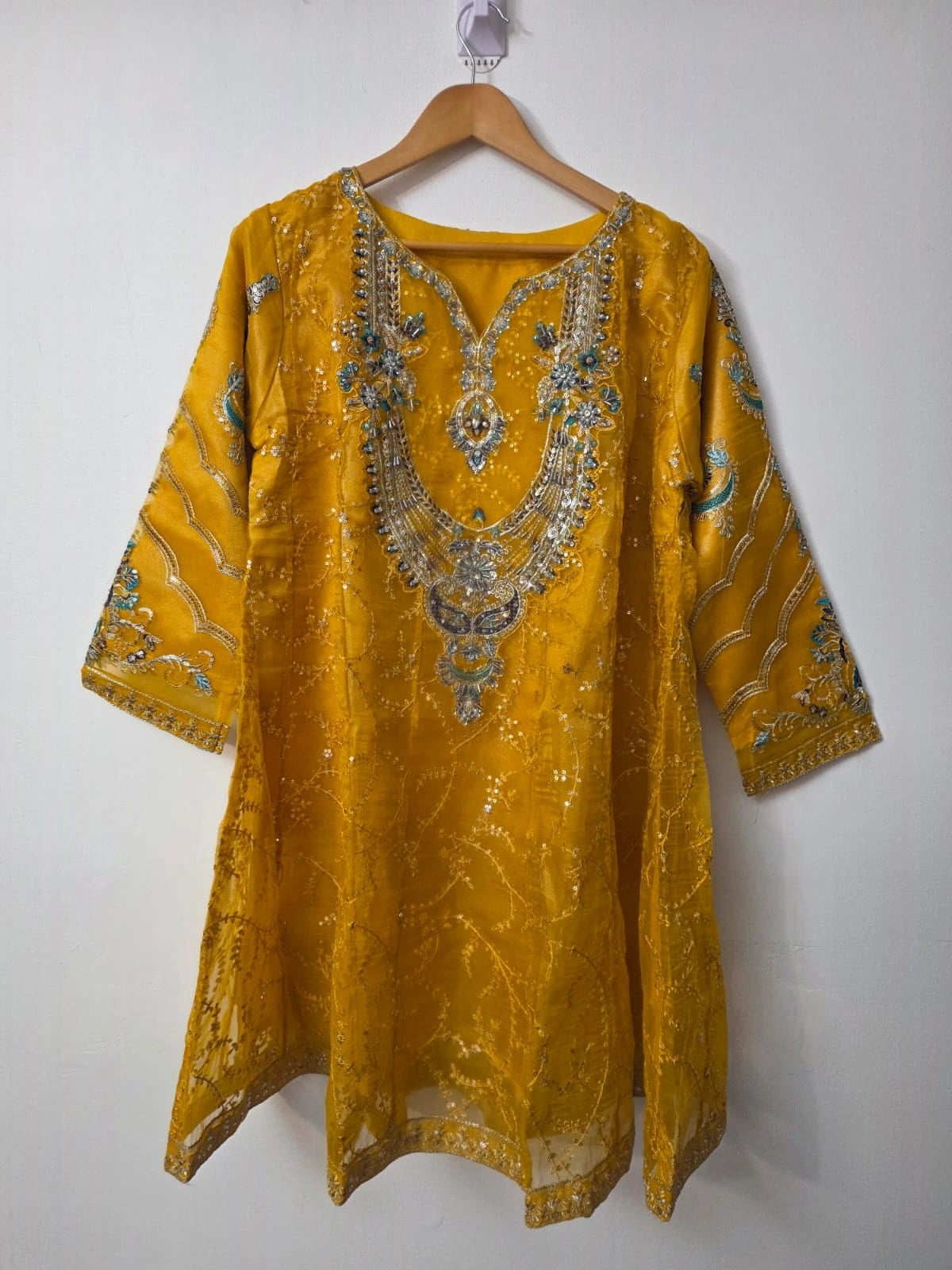 Mustard yellow Pakistani sharara suit with embroidered organza short frock