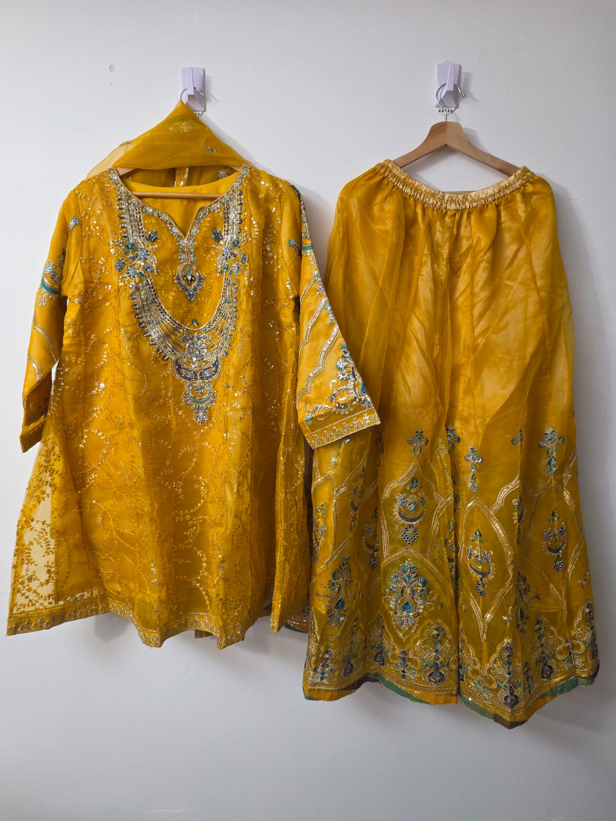 Mustard yellow embroidered organza short frock with Sharara