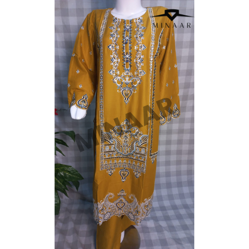 Mustard Embroidered Slub Cotton Suit with Printed Khaddi Net Dupatta