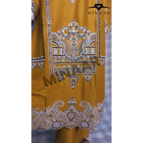 Mustard Embroidered Slub Cotton Suit with Printed Khaddi Net Dupatta