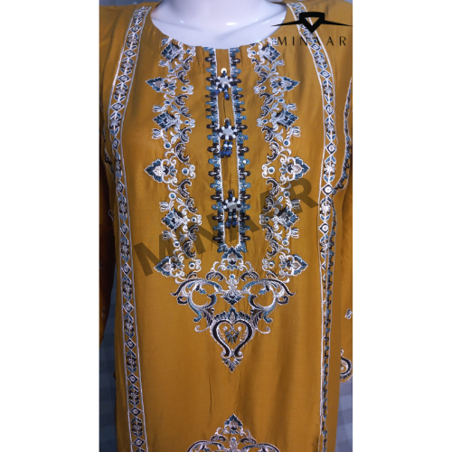 Mustard Embroidered Slub Cotton Suit with Printed Khaddi Net Dupatta