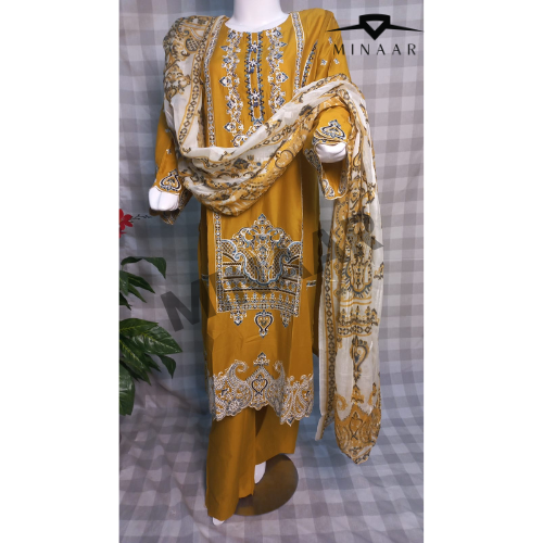 Mustard Embroidered Slub Cotton Suit with Printed Khaddi Net Dupatta