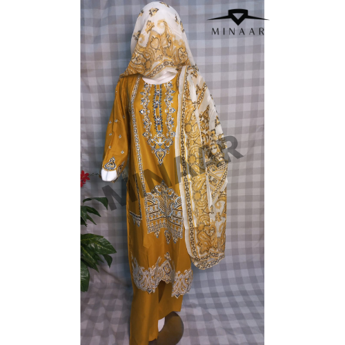 Mustard Embroidered Slub Cotton Suit with Printed Khaddi Net Dupatta