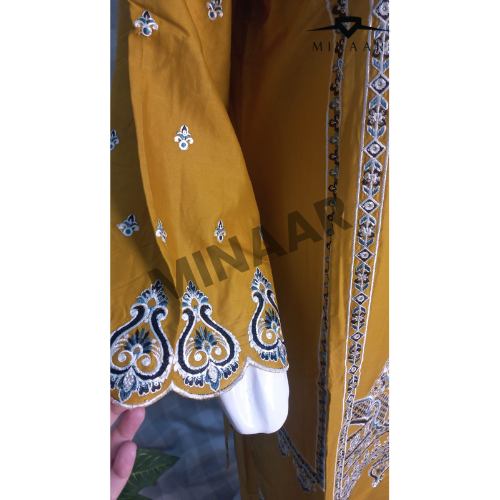 Mustard Embroidered Slub Cotton Suit with Printed Khaddi Net Dupatta