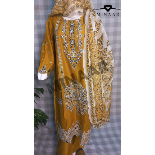 Mustard Embroidered Slub Cotton Suit with Printed Khaddi Net Dupatta