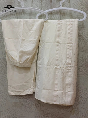 Off-White Embroidered Winter Cotton 3PC Suit with Matching Shawl