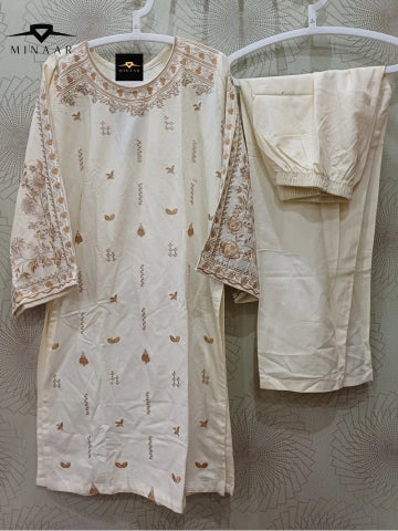 Off-White Embroidered Winter Cotton Dress