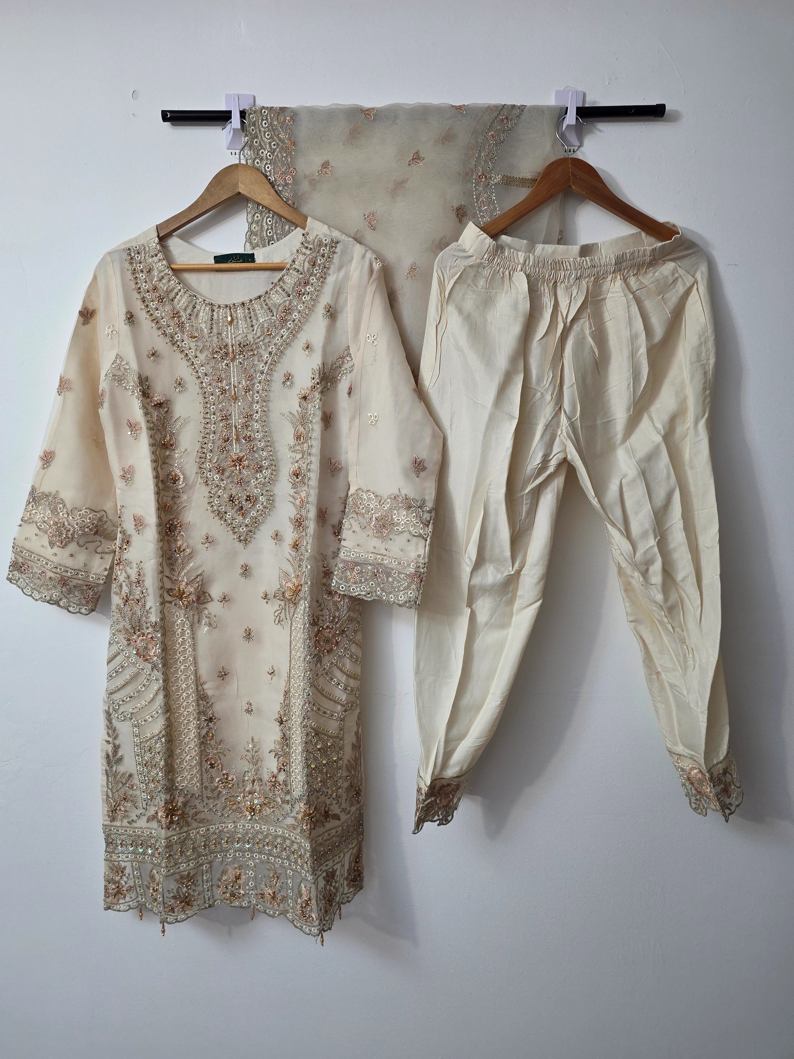 Off white Pakistani wedding guest dress with organza shirt and dupatta