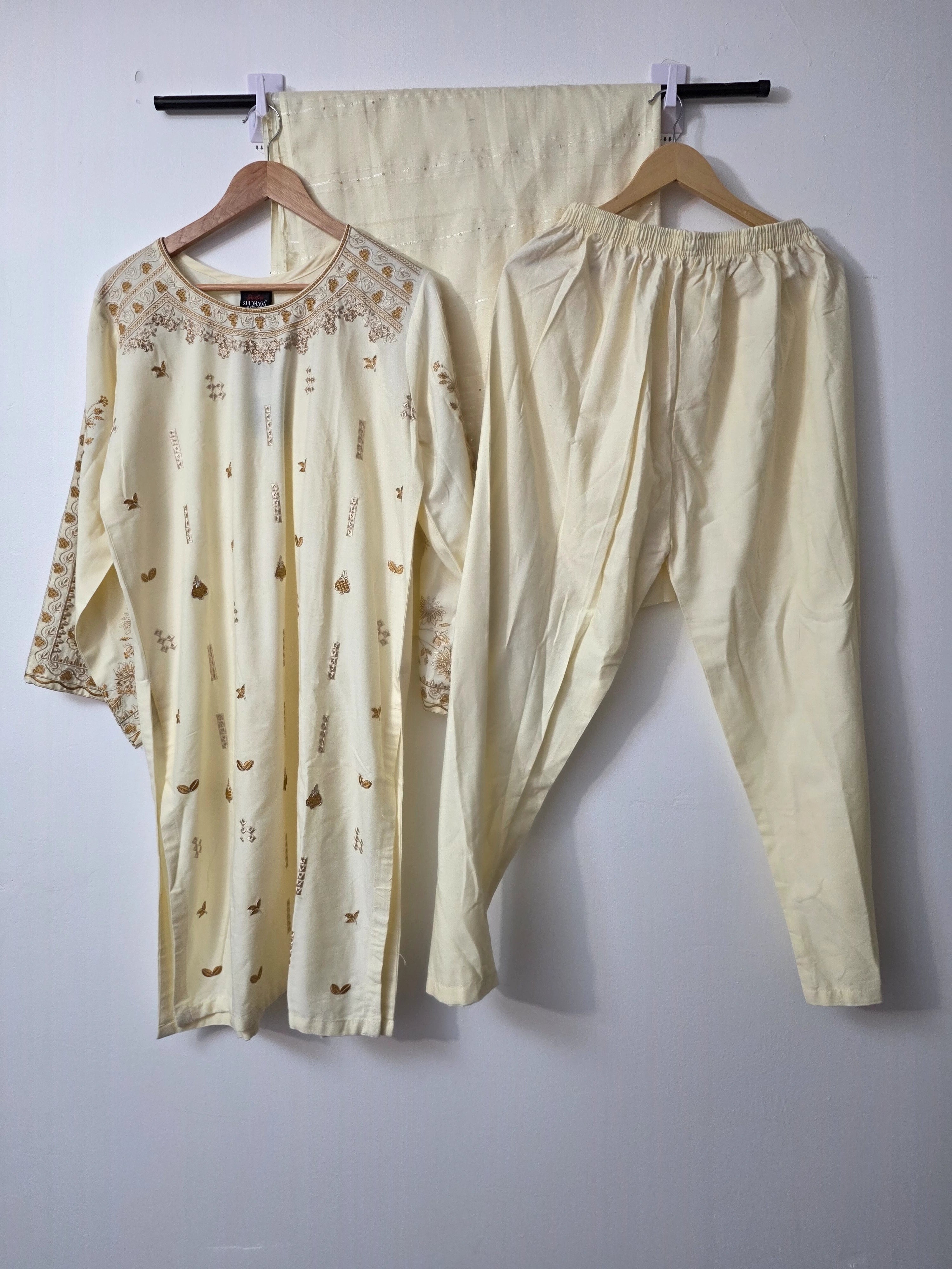 Off white Pakistani winter cotton 3 piece suit with embroidery