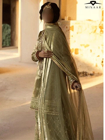 Olive Green Embroidered Sharara Set | 3-Piece Outfit with Tissue Shirt & Net Dupatta