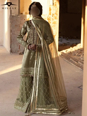 Olive Green Embroidered Sharara Set | 3-Piece Outfit with Tissue Shirt & Net Dupatta