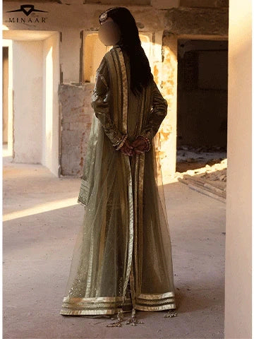 Olive Green Embroidered Sharara Set | 3-Piece Outfit with Tissue Shirt & Net Dupatta
