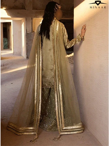 Olive Green Embroidered Sharara Set | 3-Piece Outfit with Tissue Shirt & Net Dupatta
