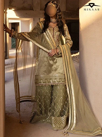 Olive Green Embroidered Sharara Set | 3-Piece Outfit with Tissue Shirt & Net Dupatta