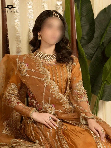 Rust Orange Embroidered Net Maxi Set with Dupatta – 3 Piece Festive Outfit