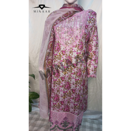 Pink Digital Printed Lawn 3 Piece Embroidered Suit with Chiffon Dupatta