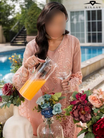 Peach Pink 3 Piece Organza Kurta Set with Embroidered Dupatta