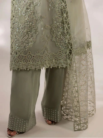 Moss Green Organza Kurta Set with Dupatta – 3 Piece Embroidered Party Wear Outfit for Women