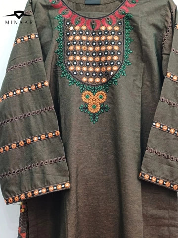 Brown Mirrorwork Multi Embroidery with Printed Karandi Shawl – 3PC Suit