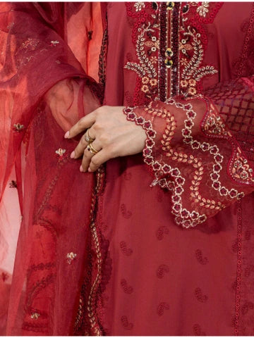 Ruby – Red Schiffli Embroidered Cotton Suit with Organza Dupatta & Farshi Shalwar