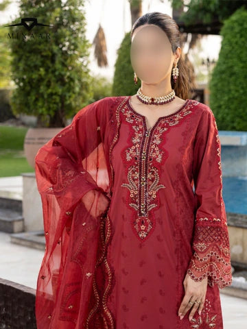 Red embroidered traditional outfit with a blurred face in an outdoor setting
