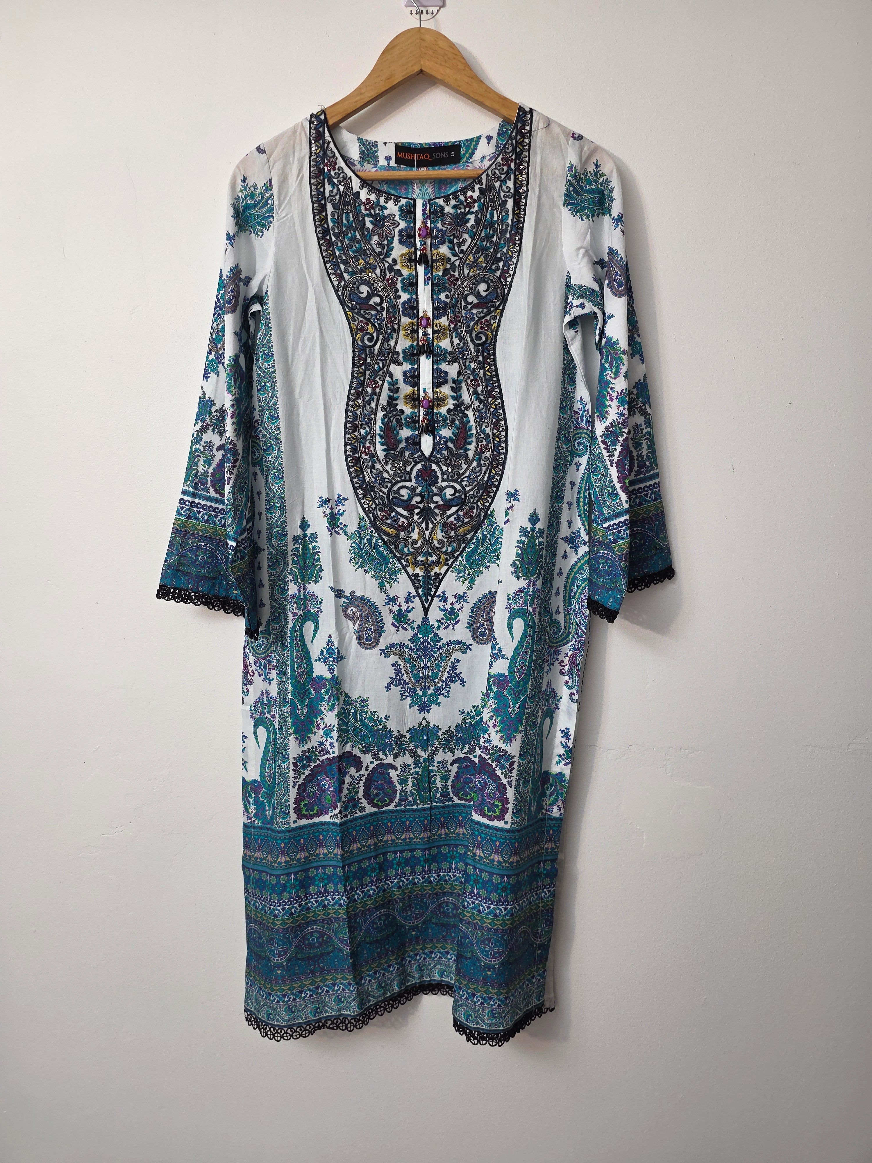 Pakistani blue lawn dress with floral digital print and trouser