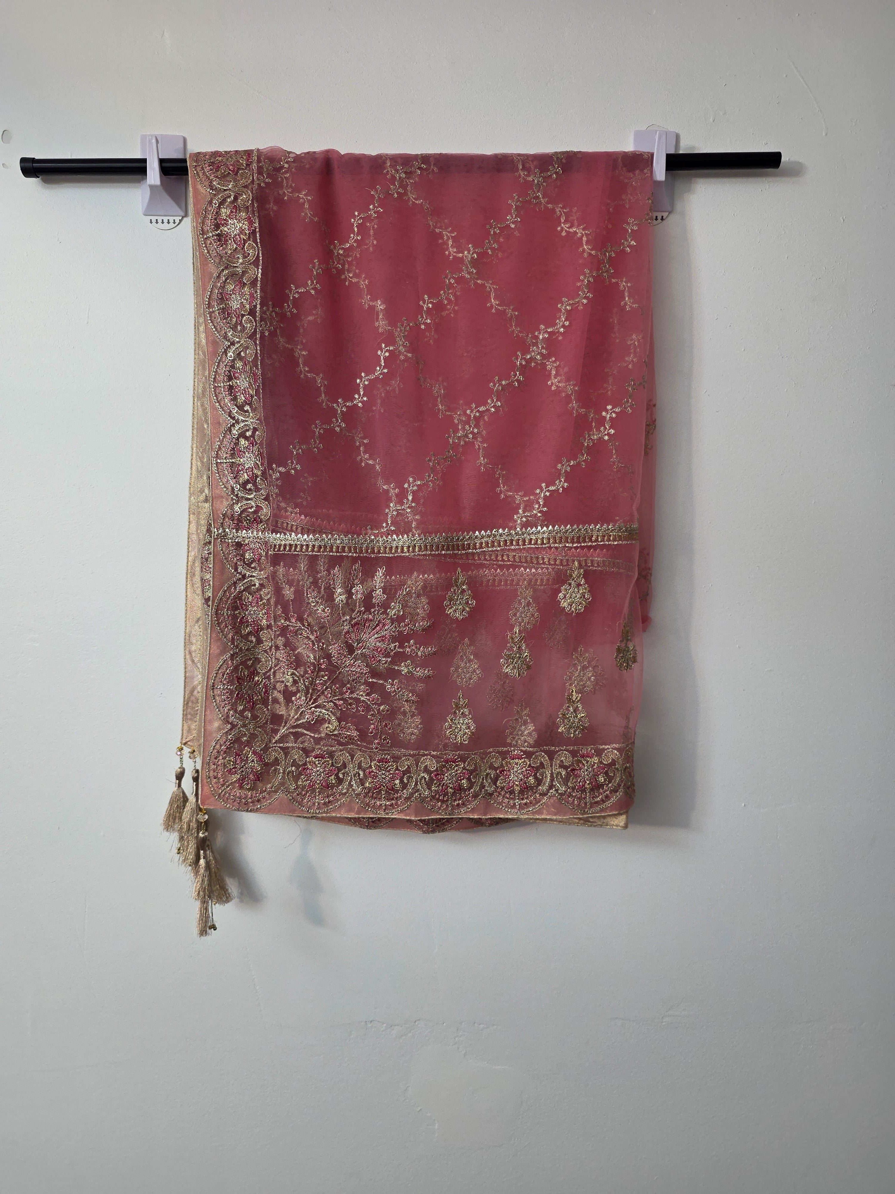 Pakistani blush pink formal suit with Cora Dabka work and embroidered borders