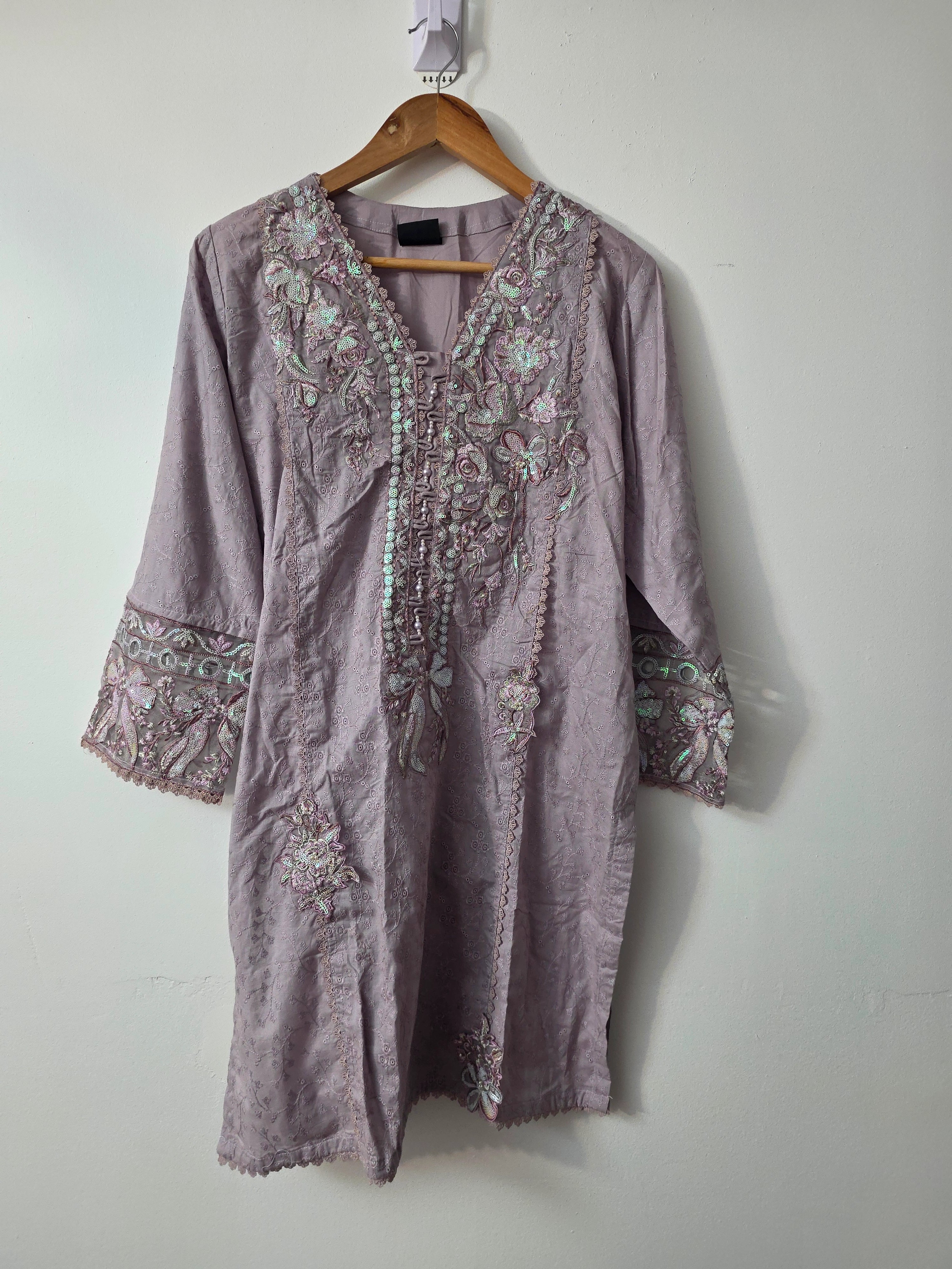 Pakistani cotton outfit with Schiffli embroidery and 3D floral details