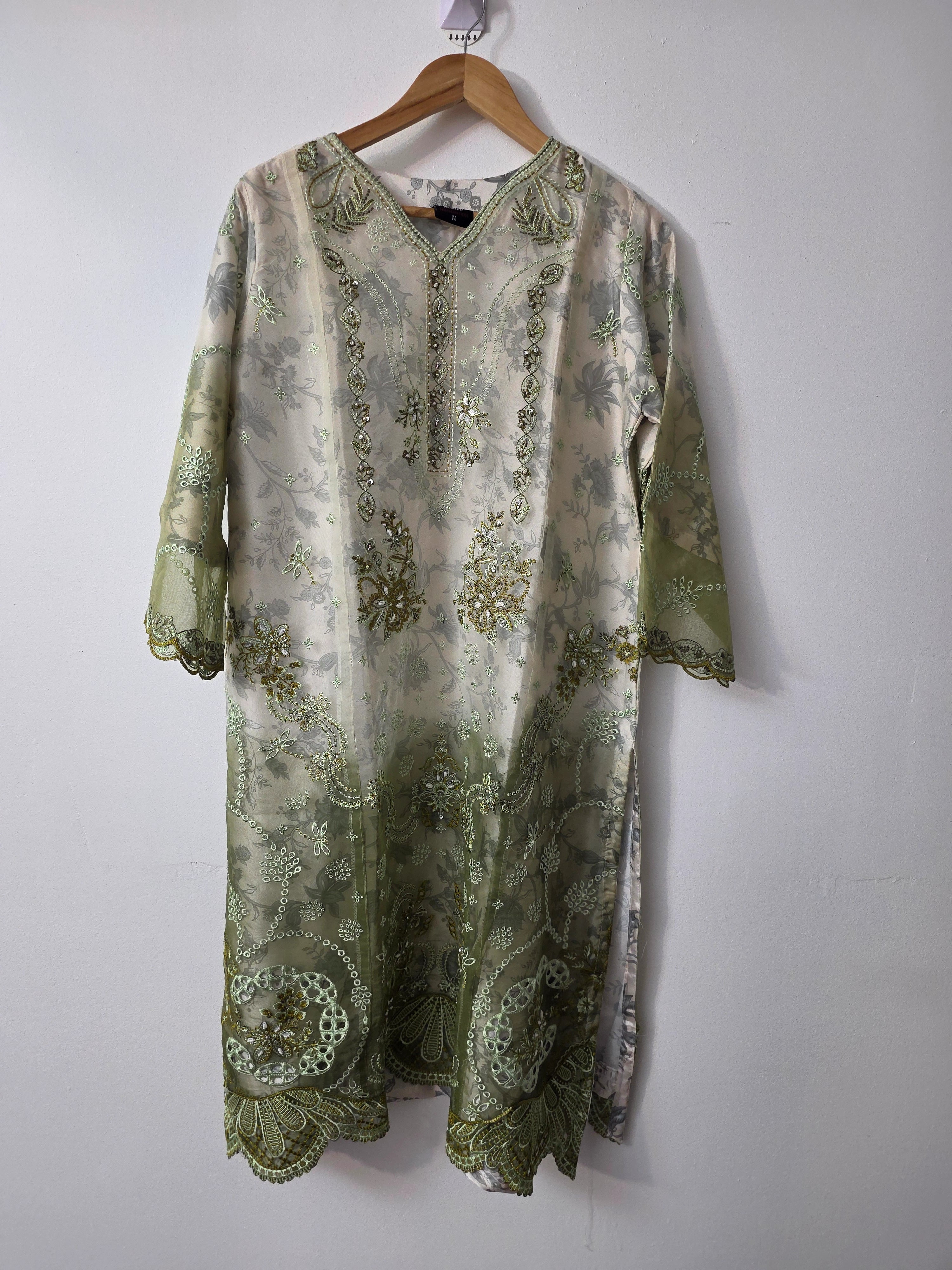 Pakistani mint green organza suit with embroidered dupatta