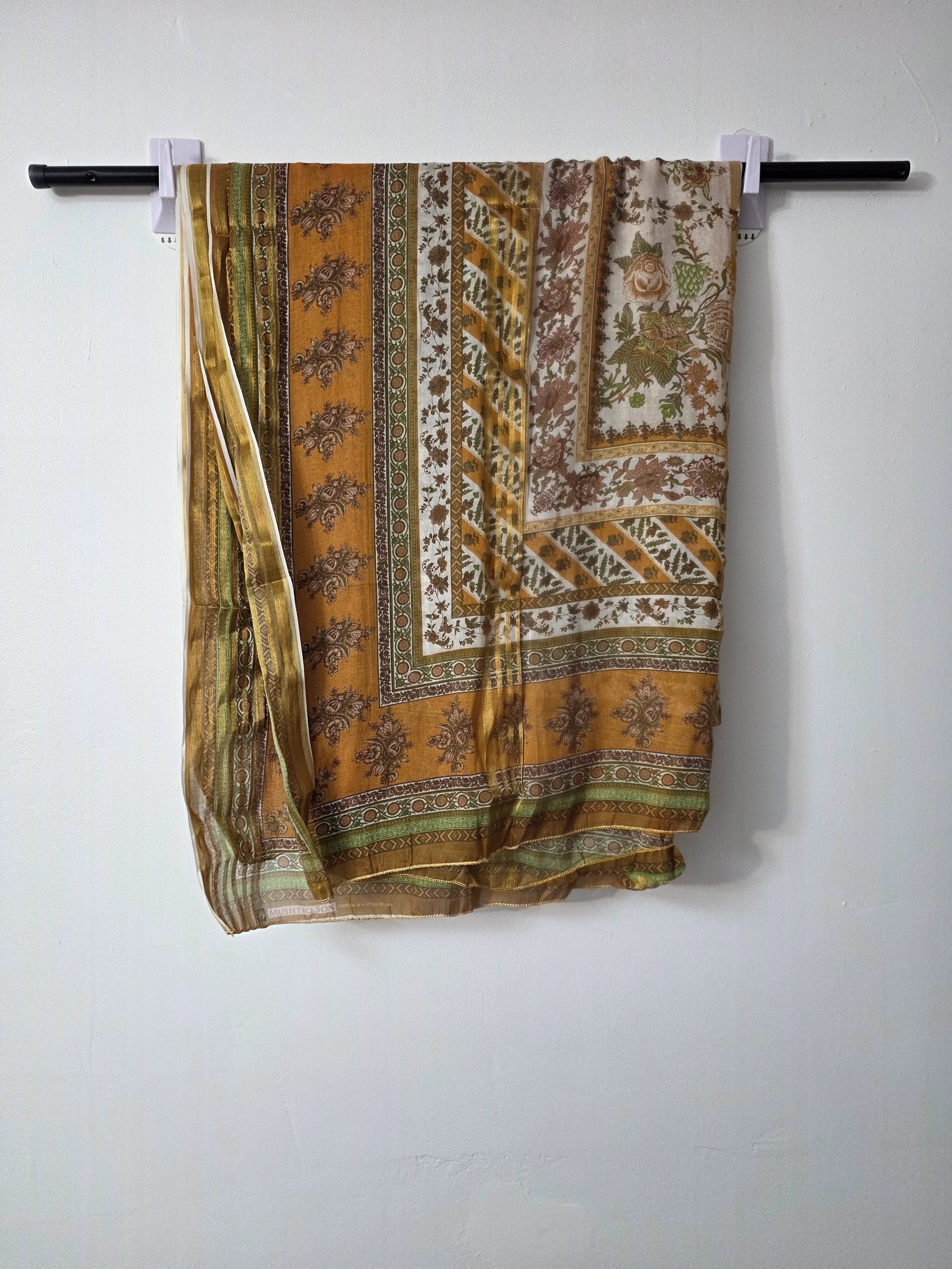 Pakistani mustard cotton dress with Slub Cotton trouser and net dupatta