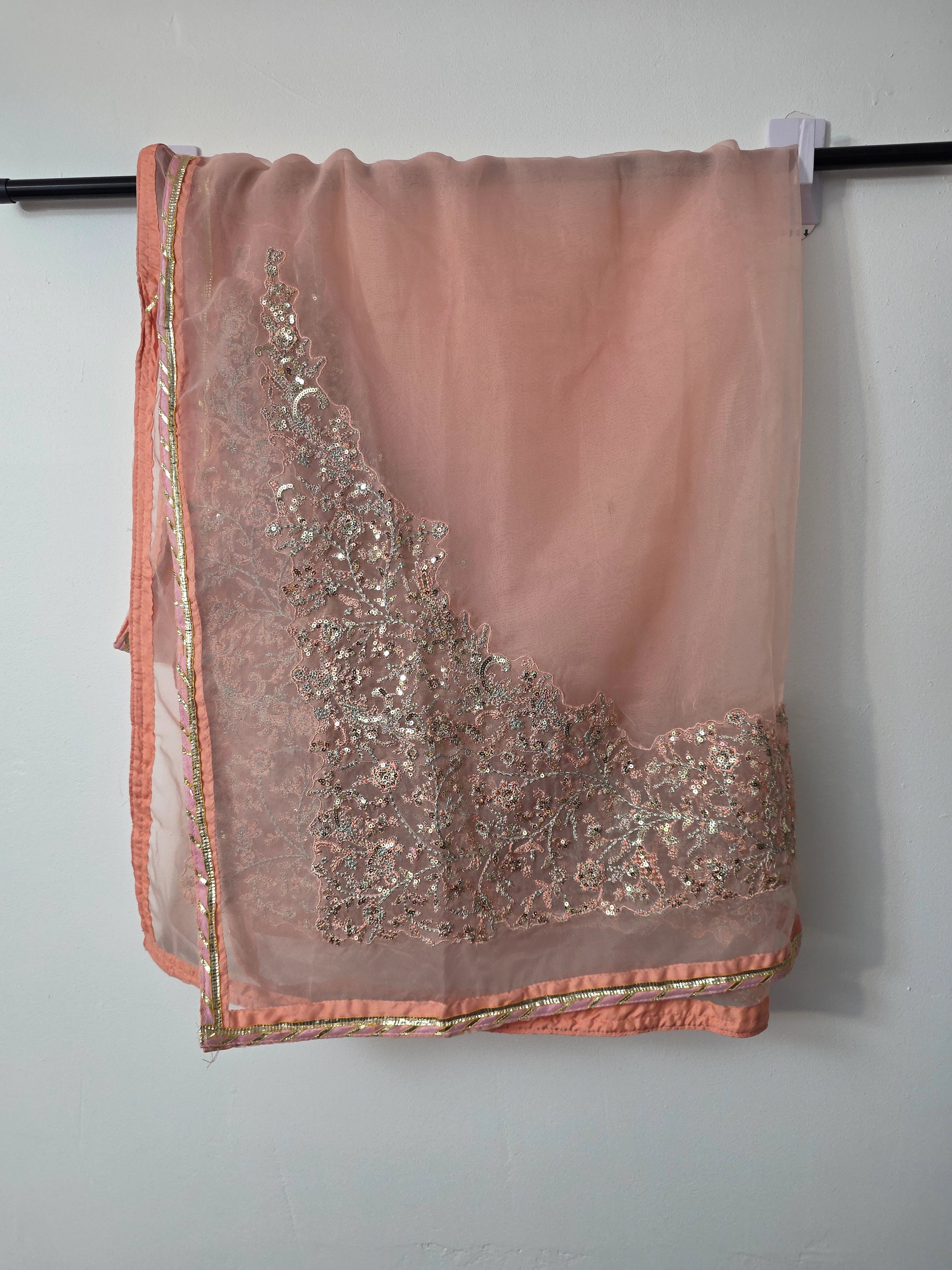 Pakistani peach long kurta with raw silk bootcut trousers