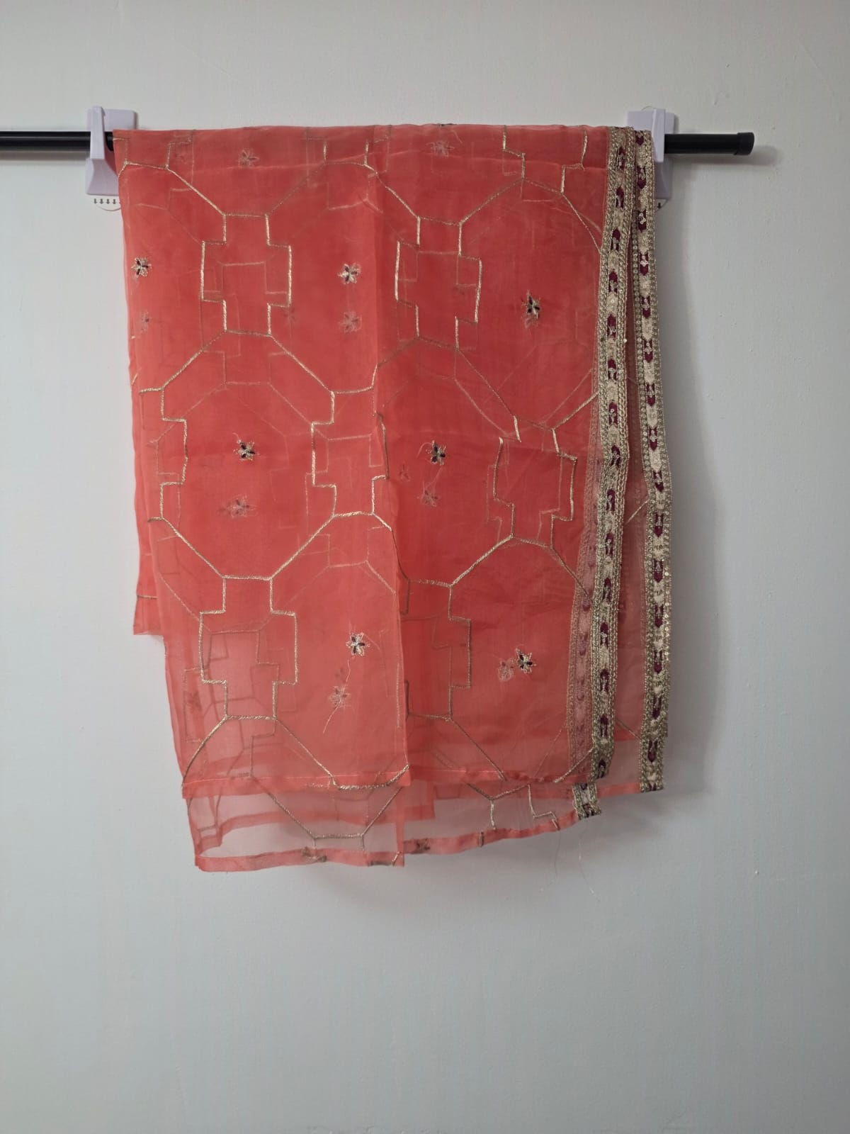 Pakistani peach organza lehenga with pearl border