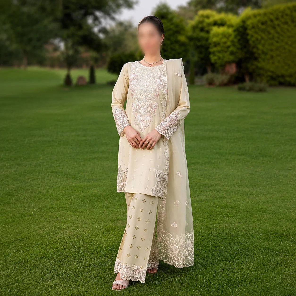 Pakistani summer dress with Schiffli and multihead embroidered shirt