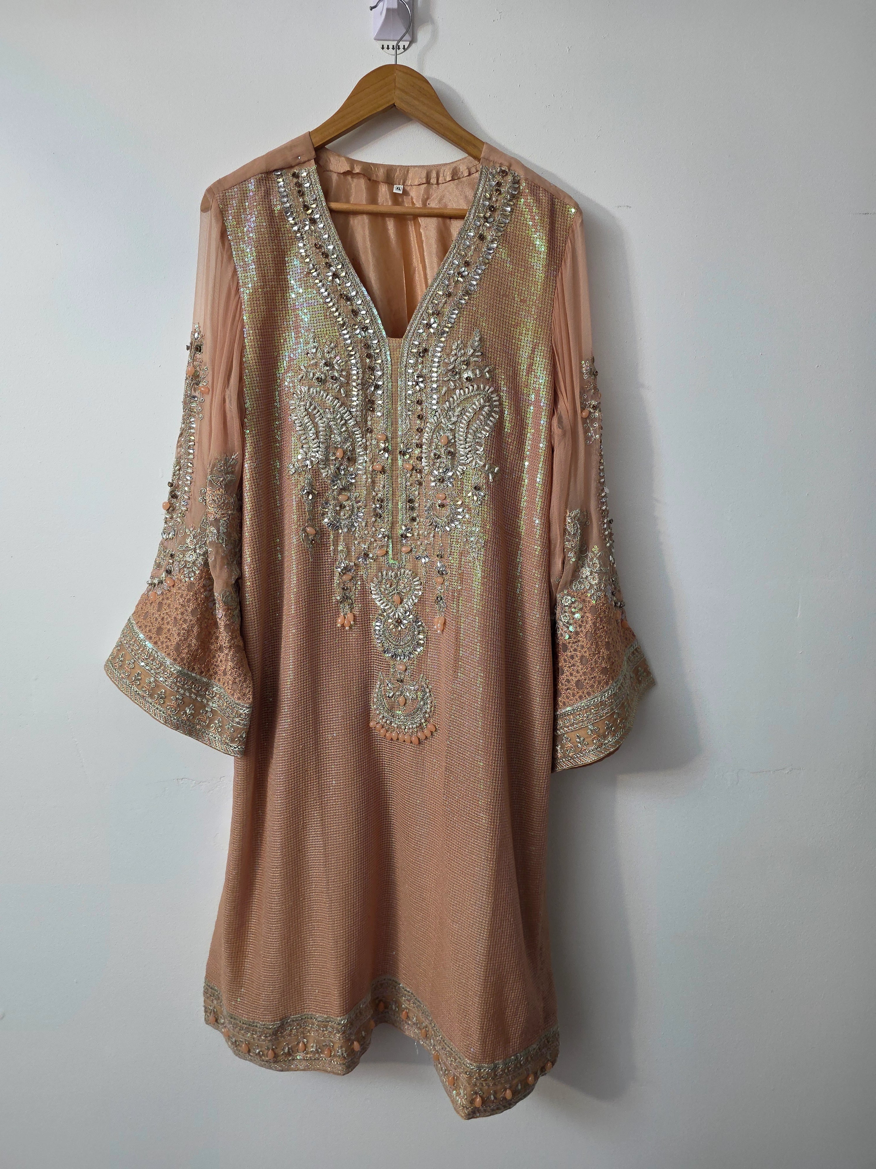 Pakistani tea pink formal suit with sequence sitari work and chiffon dupatta