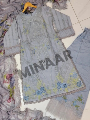 Organza A-Line 3 Piece Outfit with Viscose Trouser & Digital Silk Dupatta