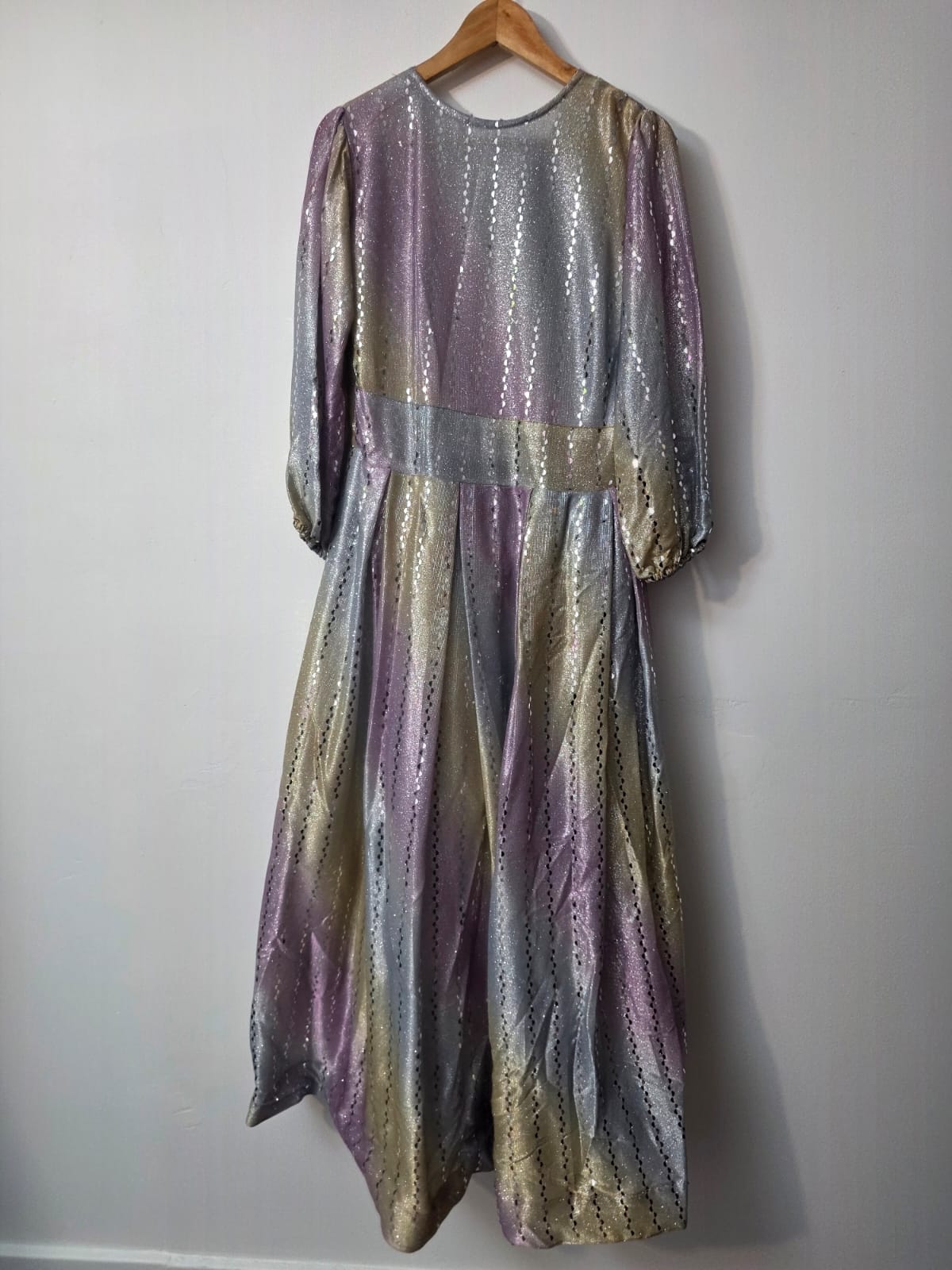 Pastel pink silver and gold multicolor shimmer maxi dress with sequin stripes, long sleeves