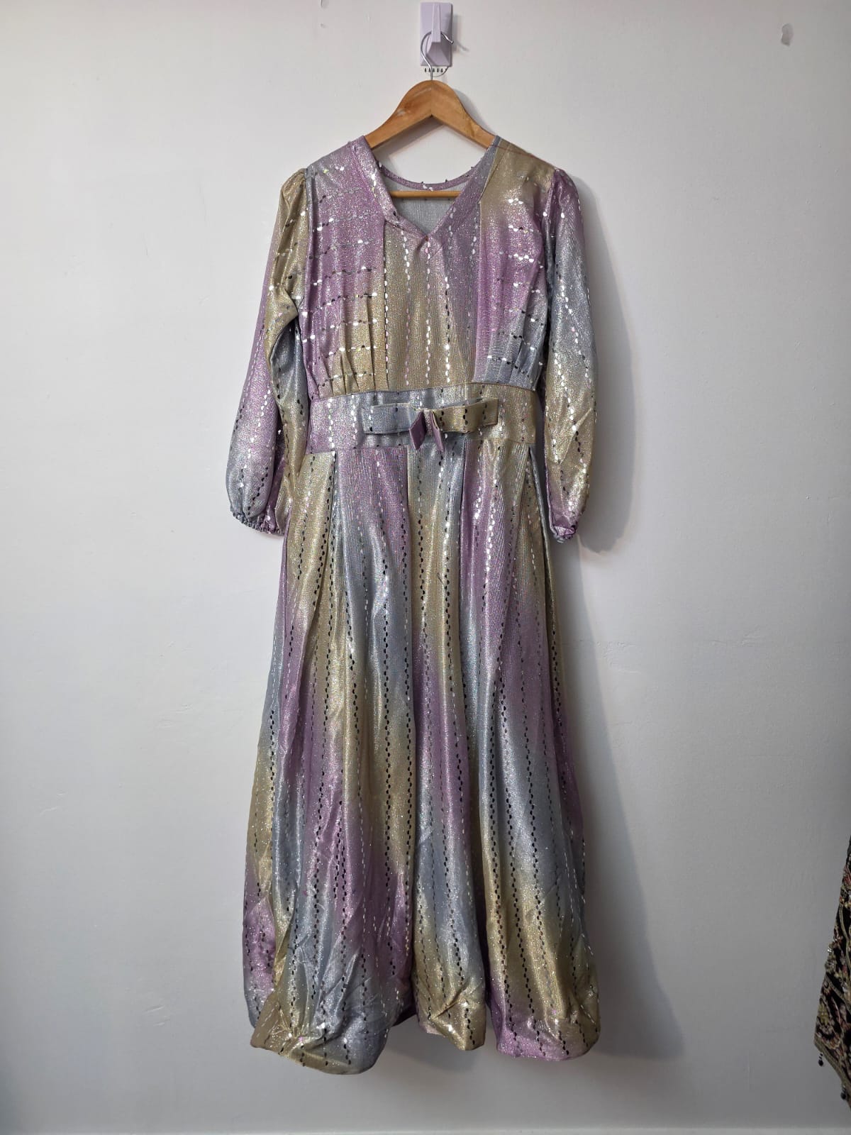 Pastel pink silver and gold multicolor shimmer maxi dress with sequin stripes, long sleeves and matching waist belt