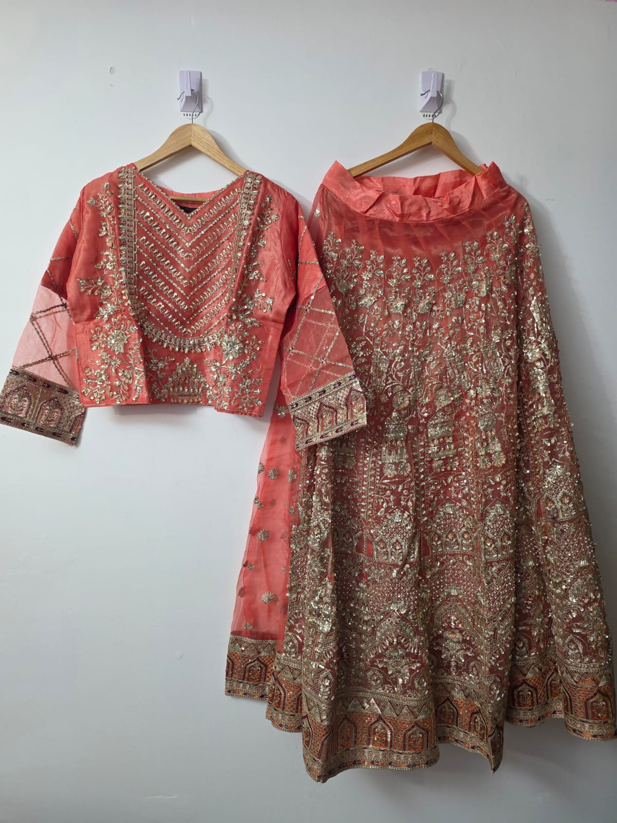 Peach Pakistani Lehenga Choli 3 piece wedding outfit