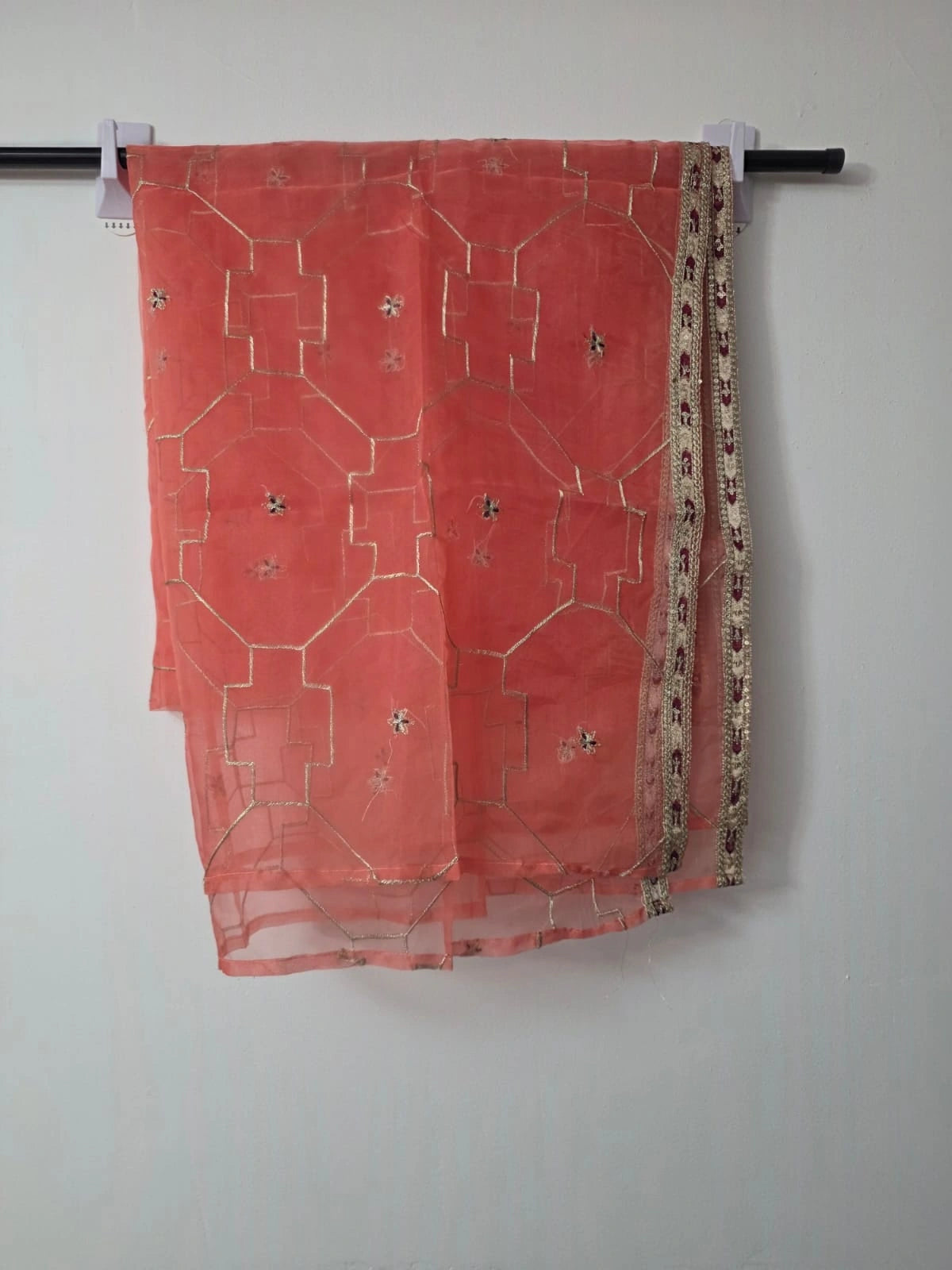 Peach Pakistani wedding guest lehenga choli with embroidered dupatta