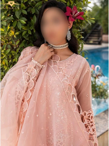 Peach Pink 3 Piece Organza Kurta Set with Embroidered Dupatta