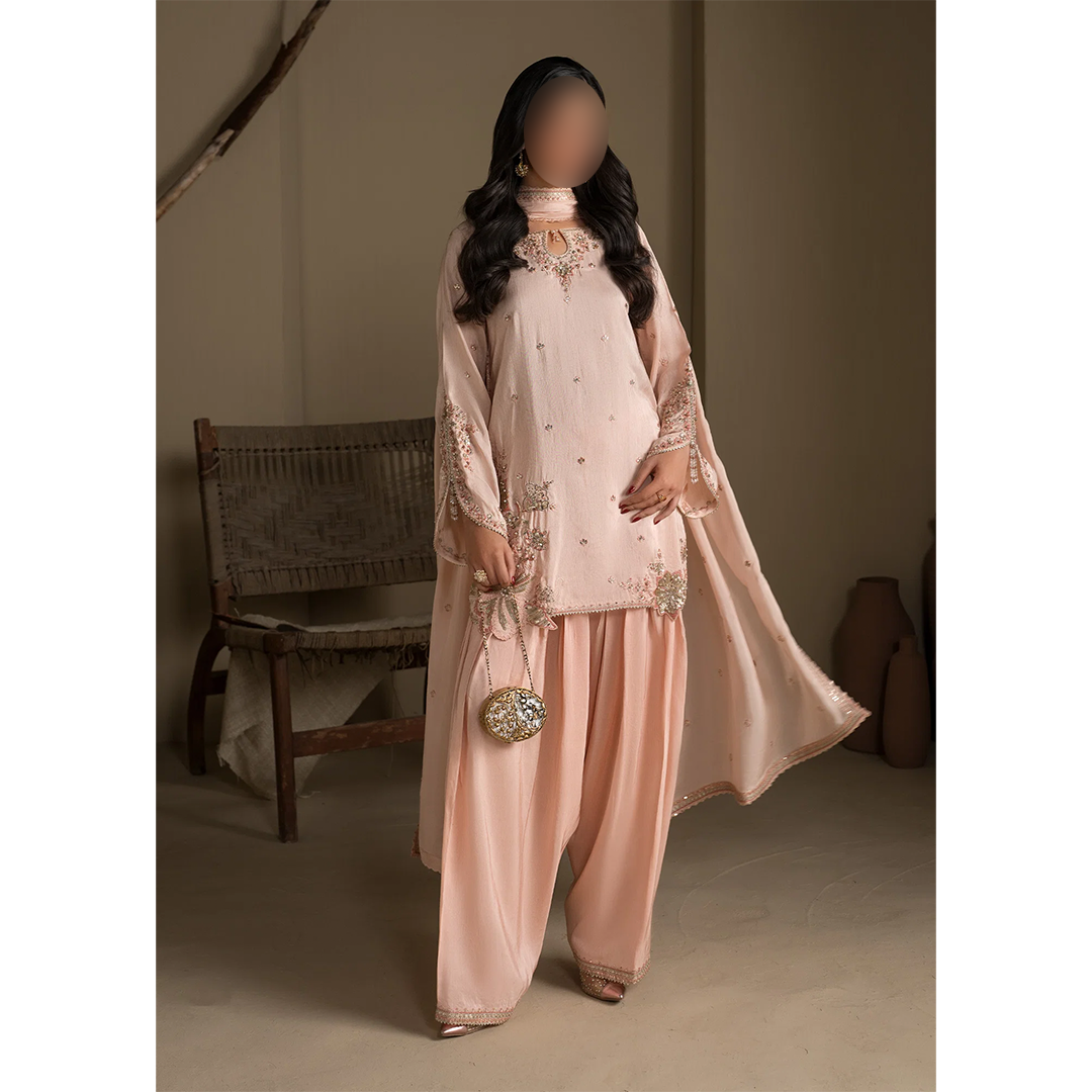 Peach embroidered short kurta with Farshi Shalwar
