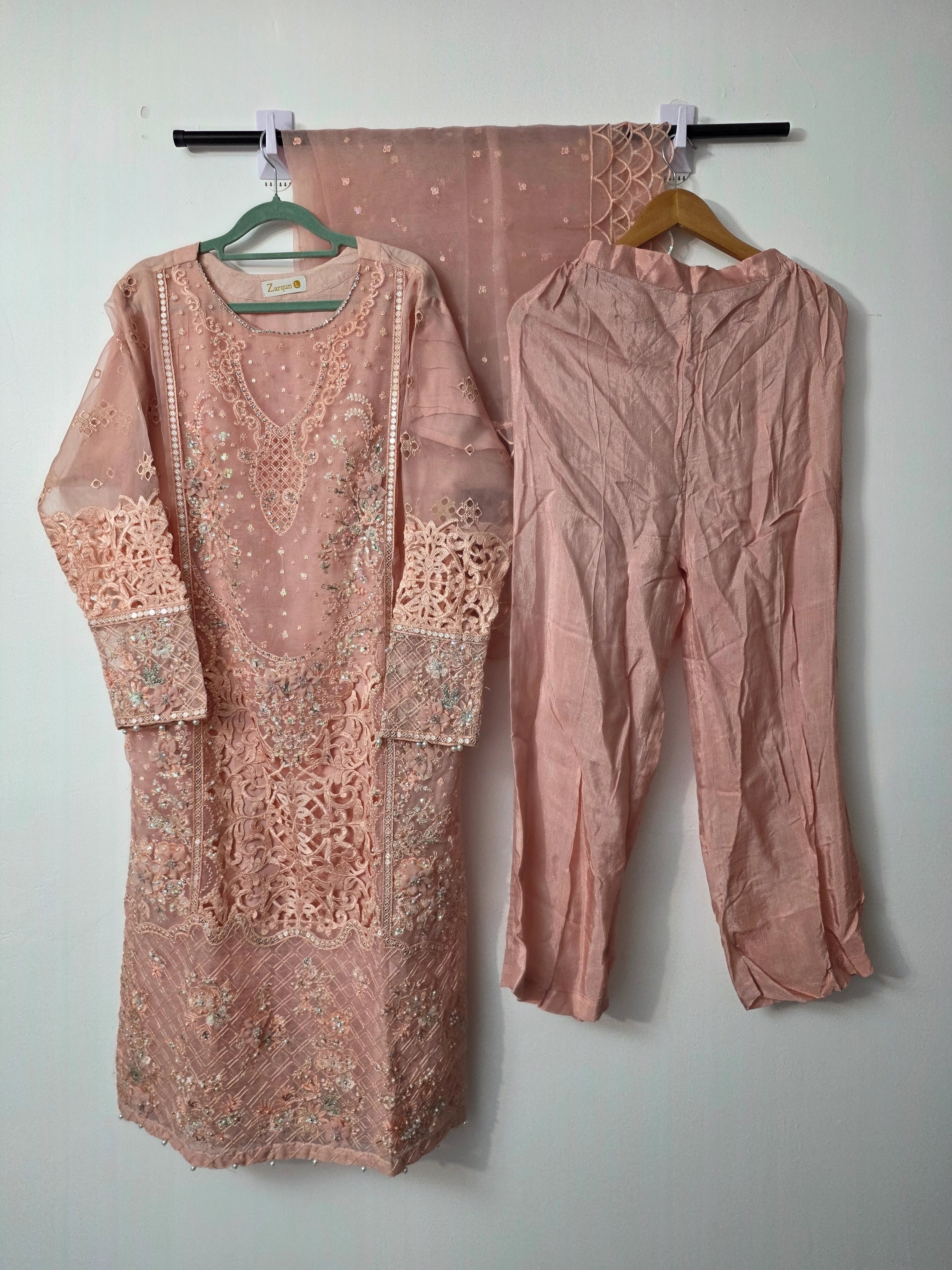 Peach pink Pakistani 3 piece organza suit with long embroidered kurta
