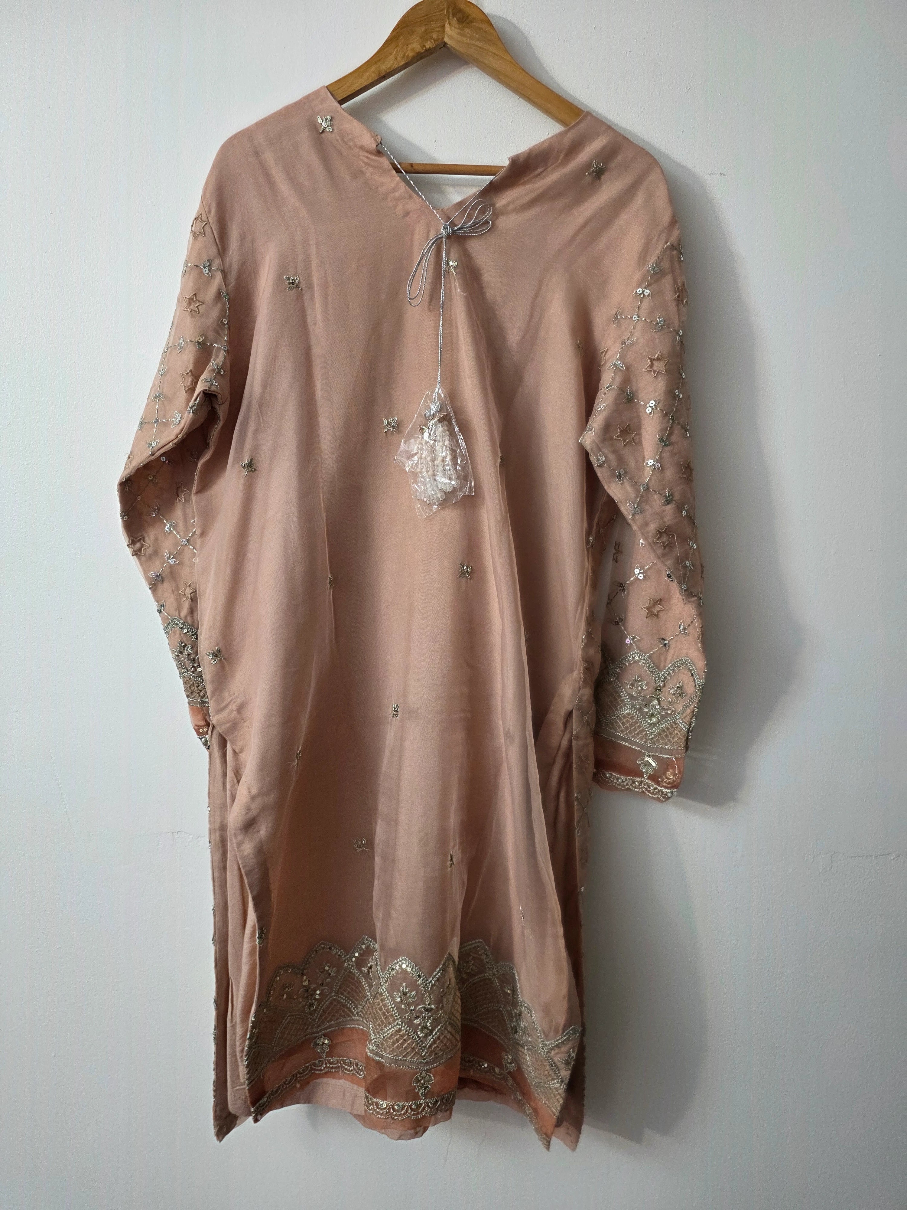 Peach pink organza Pakistani dress with delicate embroidery