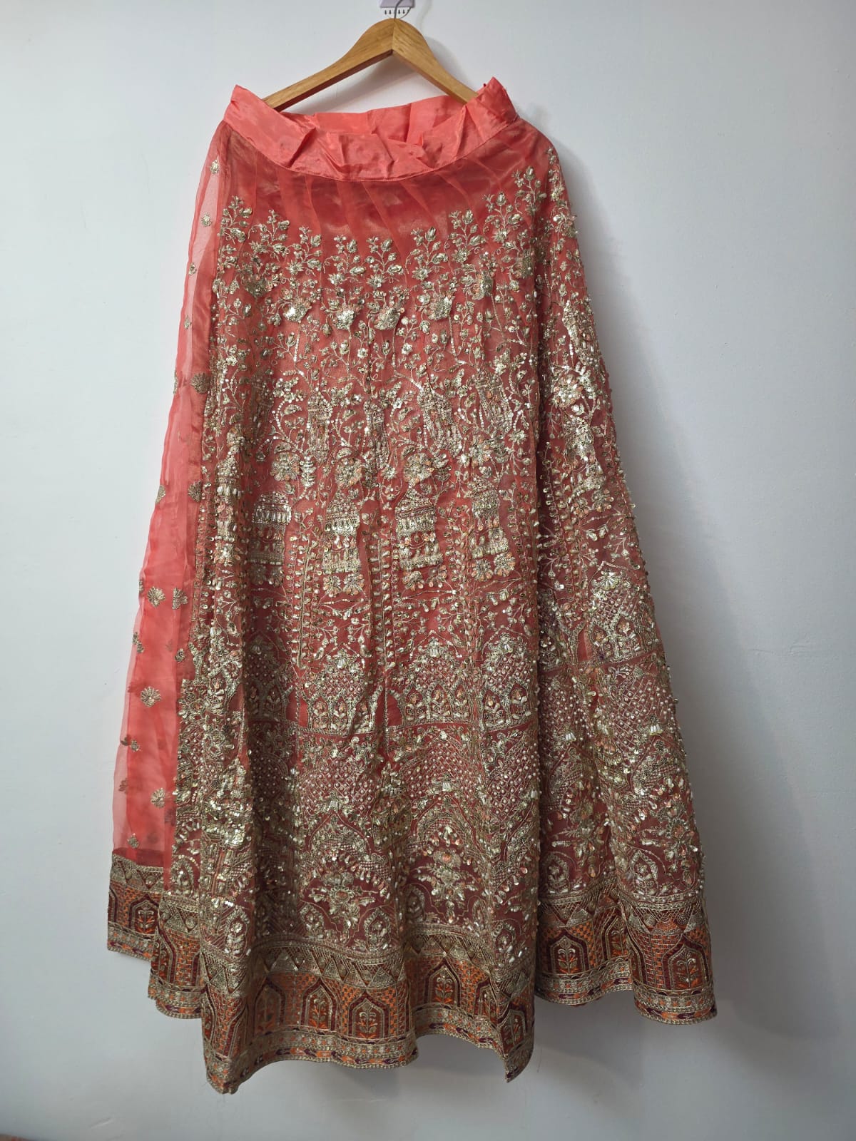 Peach wedding guest Lehenga Choli with embroidered dupatta