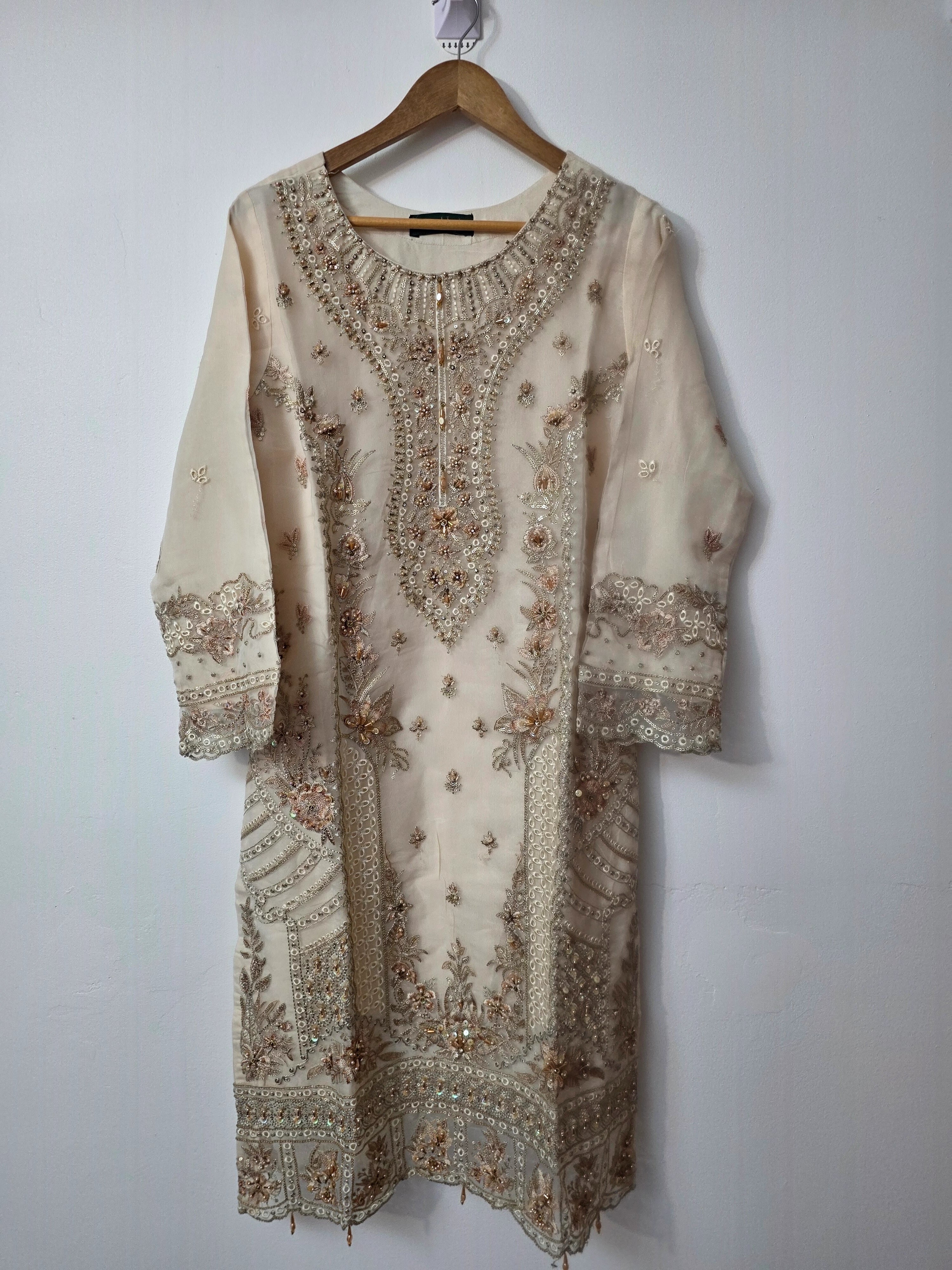 Pearl embellished off white Nikkah dress with organza dupatta